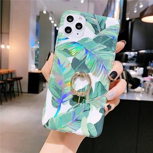 For iPhone 11 Pro Colorful Laser Flower Series IMD TPU Mobile Phone CaseWith Ring Bracket Rhinestones(Banana Leaf KC1)