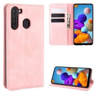 For Galaxy A21 Retro-skin Business Magnetic Suction Leather Case with Holder & Card Slots & Wallet(Pink)