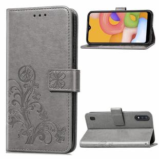 For Galaxy A01 Lucky Clover Pressed Flowers Pattern Leather Case with Holder & Card Slots & Wallet & Hand Strap(Gray)