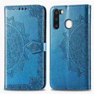 For Galaxy A21 Halfway Mandala Embossing Pattern Horizontal Flip Leather Case with Holder & Card Slots & Wallet & Photo Frame & Lanyard(Blue)