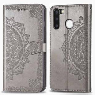 For Galaxy A21 Halfway Mandala Embossing Pattern Horizontal Flip Leather Case with Holder & Card Slots & Wallet & Photo Frame & Lanyard(Gray)