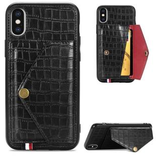 For iPhone XS Max Crocodile Pattern PU+TPU+PVC Shatter-resistant Mobile Phone Case with Magnetic Invisible Holder & Holder & Card Slots(Black)
