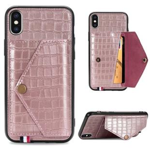 For iPhone XS/X Crocodile Pattern PU+TPU+PVC Shatter-resistant Mobile Phone Case with Magnetic Invisible Holder & Holder & Card Slots(Rose Gold)