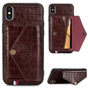 For iPhone XS/X Crocodile Pattern PU+TPU+PVC Shatter-resistant Mobile Phone Case with Magnetic Invisible Holder & Holder & Card Slots(Brown)