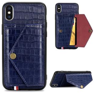 For iPhone XS/X Crocodile Pattern PU+TPU+PVC Shatter-resistant Mobile Phone Case with Magnetic Invisible Holder & Holder & Card Slots(Sapphire Blue)