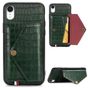 For iPhone XR Crocodile Pattern PU+TPU+PVC Shatter-resistant Mobile Phone Case with Magnetic Invisible Holder & Holder & Card Slots(Blackish Green)
