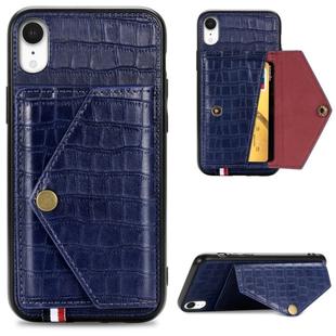 For iPhone XR Crocodile Pattern PU+TPU+PVC Shatter-resistant Mobile Phone Case with Magnetic Invisible Holder & Holder & Card Slots(Sapphire Blue)