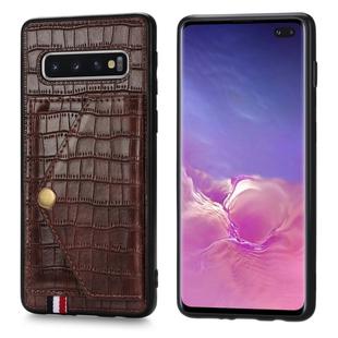 For Galaxy S10 Plus Crocodile Pattern PU+TPU+PVC Shatter-resistant Mobile Phone Case with Magnetic Invisible Holder & Holder & Card Slots(Brown)