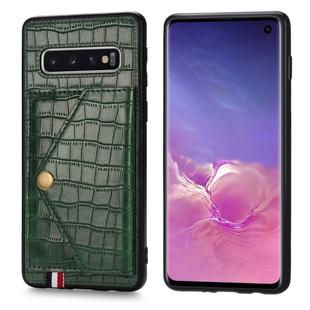 For Galaxy S10 Crocodile Pattern PU+TPU+PVC Shatter-resistant Mobile Phone Case with Magnetic Invisible Holder & Holder & Card Slots(Blackish Green)