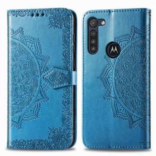 For Moto G8 Power  Halfway Mandala Embossing Pattern Horizontal Flip PU Leather Case with Holder & Card Slots & Wallet & Photo Frame & Lanyard(Blue)