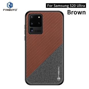 For Galaxy S20 Ultra PINWUYO Rong Series  Shockproof PC + TPU+ Chemical Fiber Cloth Protective Case(Brown)