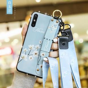 For Huawei Enjoy 10e Floral Cloth Pattern Shockproof TPU Case with Holder & Wrist Strap & Neck Lanyard(Blue)