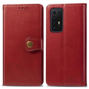 For Huawei P40 Pro Retro Solid Color Leather Buckle Phone Case with Lanyard & Photo Frame & Card Slot & Wallet & Stand Function(Red)