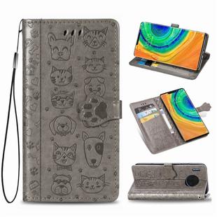 For Huawei Mate 30 Pro Cute Cat and Dog Embossed Horizontal Flip PU Leather Case with Holder / Card Slot / Wallet / Lanyard(Gray)