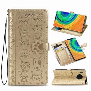 For Huawei Mate 30 Pro Cute Cat and Dog Embossed Horizontal Flip PU Leather Case with Holder / Card Slot / Wallet / Lanyard(Gold)