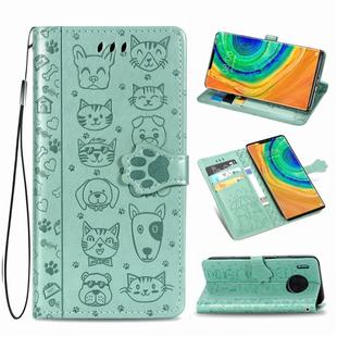 For Huawei Mate 30 Pro Cute Cat and Dog Embossed Horizontal Flip PU Leather Case with Holder / Card Slot / Wallet / Lanyard(Green)