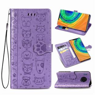 For Huawei Mate 30 Pro Cute Cat and Dog Embossed Horizontal Flip PU Leather Case with Holder / Card Slot / Wallet / Lanyard(Purple)