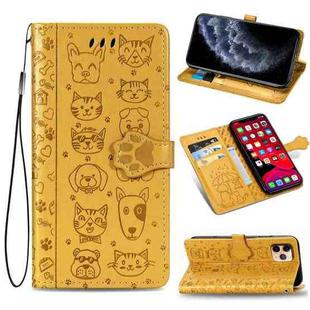 For iPhone 11 Pro Cute Cat and Dog Embossed Horizontal Flip PU Leather Casewith Holder / Card Slot / Wallet / Lanyard(Yellow)