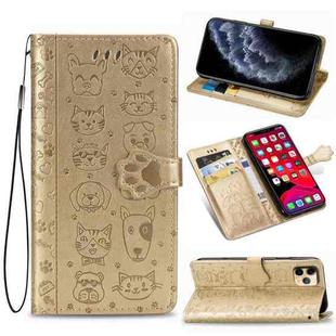 For iPhone 11 Pro Cute Cat and Dog Embossed Horizontal Flip PU Leather Casewith Holder / Card Slot / Wallet / Lanyard(Gold)