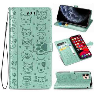 For iPhone 11 Pro Cute Cat and Dog Embossed Horizontal Flip PU Leather Casewith Holder / Card Slot / Wallet / Lanyard(Green)