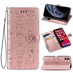 For iPhone 11 Pro Cute Cat and Dog Embossed Horizontal Flip PU Leather Casewith Holder / Card Slot / Wallet / Lanyard(Rose Gold)