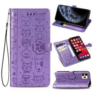 For iPhone 11 Pro Cute Cat and Dog Embossed Horizontal Flip PU Leather Casewith Holder / Card Slot / Wallet / Lanyard(Purple)