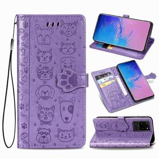 For Galaxy S20 Ultra Cute Cat and Dog Embossed Horizontal Flip PU Leather Case with Holder / Card Slot / Wallet / Lanyard(Purple)