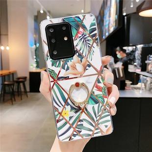 For Galaxy S20 Plus Plating Geometric Flower Series IMD TPU Mobile Phone Case with Ring Rhinestones Holder(Green)