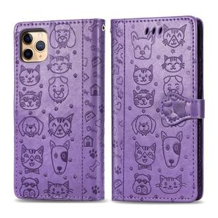 For iPhone 11 Pro Max Cute Cat and Dog Embossed Horizontal Flip PU Leather Case with Holder / Card Slot / Wallet / Lanyard(Light Purple)