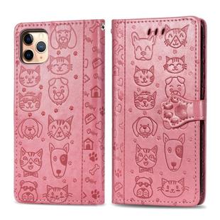 For iPhone 11 Pro Max Cute Cat and Dog Embossed Horizontal Flip PU Leather Case with Holder / Card Slot / Wallet / Lanyard(Pink)