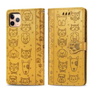 For iPhone 11 Pro Max Cute Cat and Dog Embossed Horizontal Flip PU Leather Case with Holder / Card Slot / Wallet / Lanyard(Yellow)
