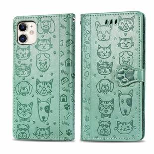 For iPhone 11 Cute Cat and Dog Embossed Horizontal Flip PU Leather Case with Holder / Card Slot / Wallet / Lanyard(Grass Green)