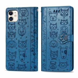 For iPhone 11 Cute Cat and Dog Embossed Horizontal Flip PU Leather Case with Holder / Card Slot / Wallet / Lanyard(Blue)