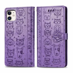 For iPhone 11 Cute Cat and Dog Embossed Horizontal Flip PU Leather Case with Holder / Card Slot / Wallet / Lanyard(Light Purple)