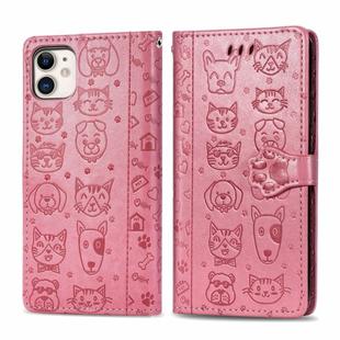 For iPhone 11 Cute Cat and Dog Embossed Horizontal Flip PU Leather Case with Holder / Card Slot / Wallet / Lanyard(Pink)