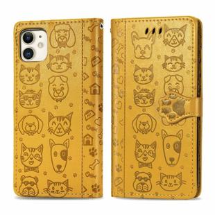 For iPhone 11 Cute Cat and Dog Embossed Horizontal Flip PU Leather Case with Holder / Card Slot / Wallet / Lanyard(Yellow)