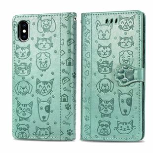 For iPhone X / XS Cute Cat and Dog Embossed Horizontal Flip PU Leather Case with Holder / Card Slot / Wallet / Lanyard(Grass Green)