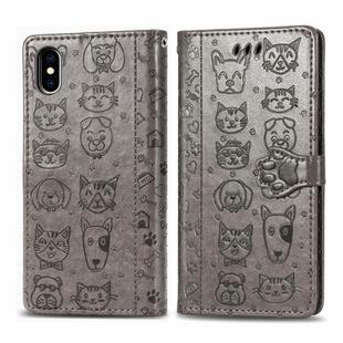 For iPhone X / XS Cute Cat and Dog Embossed Horizontal Flip PU Leather Case with Holder / Card Slot / Wallet / Lanyard(Grey)