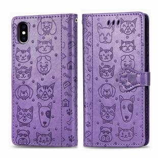 For iPhone X / XS Cute Cat and Dog Embossed Horizontal Flip PU Leather Case with Holder / Card Slot / Wallet / Lanyard(Light Purple)