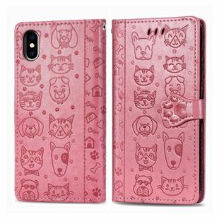 For iPhone X / XS Cute Cat and Dog Embossed Horizontal Flip PU Leather Case with Holder / Card Slot / Wallet / Lanyard(Pink)