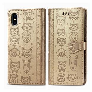 For iPhone X / XS Cute Cat and Dog Embossed Horizontal Flip PU Leather Case with Holder / Card Slot / Wallet / Lanyard(Gold)