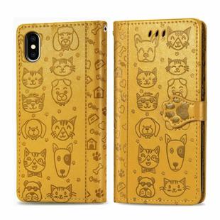 For iPhone X / XS Cute Cat and Dog Embossed Horizontal Flip PU Leather Case with Holder / Card Slot / Wallet / Lanyard(Yellow)