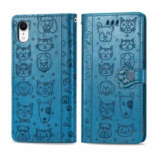 For iPhone XR Cute Cat and Dog Embossed Horizontal Flip PU Leather Case with Holder / Card Slot / Wallet / Lanyard(Blue)
