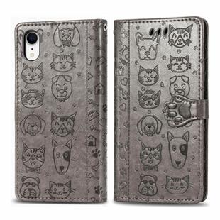 For iPhone XR Cute Cat and Dog Embossed Horizontal Flip PU Leather Case with Holder / Card Slot / Wallet / Lanyard(Grey)