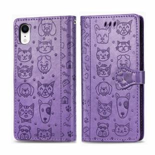 For iPhone XR Cute Cat and Dog Embossed Horizontal Flip PU Leather Case with Holder / Card Slot / Wallet / Lanyard(Light Purple)