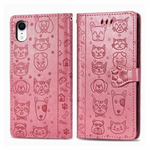 For iPhone XR Cute Cat and Dog Embossed Horizontal Flip PU Leather Case with Holder / Card Slot / Wallet / Lanyard(Pink)