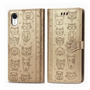 For iPhone XR Cute Cat and Dog Embossed Horizontal Flip PU Leather Case with Holder / Card Slot / Wallet / Lanyard(Gold)