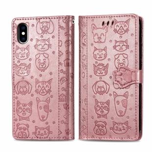 For iPhone XS Max Cute Cat and Dog Embossed Horizontal Flip PU Leather Case with Holder / Card Slot / Wallet / Lanyard(Rose Gold)