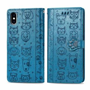 For iPhone XS Max Cute Cat and Dog Embossed Horizontal Flip PU Leather Case with Holder / Card Slot / Wallet / Lanyard(Blue)