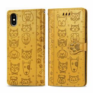For iPhone XS Max Cute Cat and Dog Embossed Horizontal Flip PU Leather Case with Holder / Card Slot / Wallet / Lanyard(Yellow)